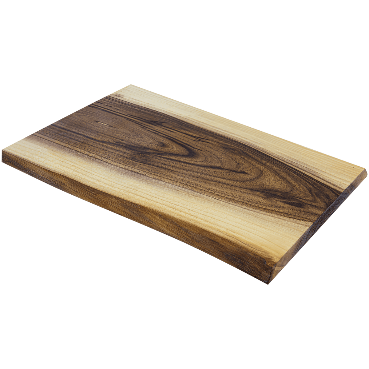 Angled view of the live edge walnut bar board showing the bark-line edge