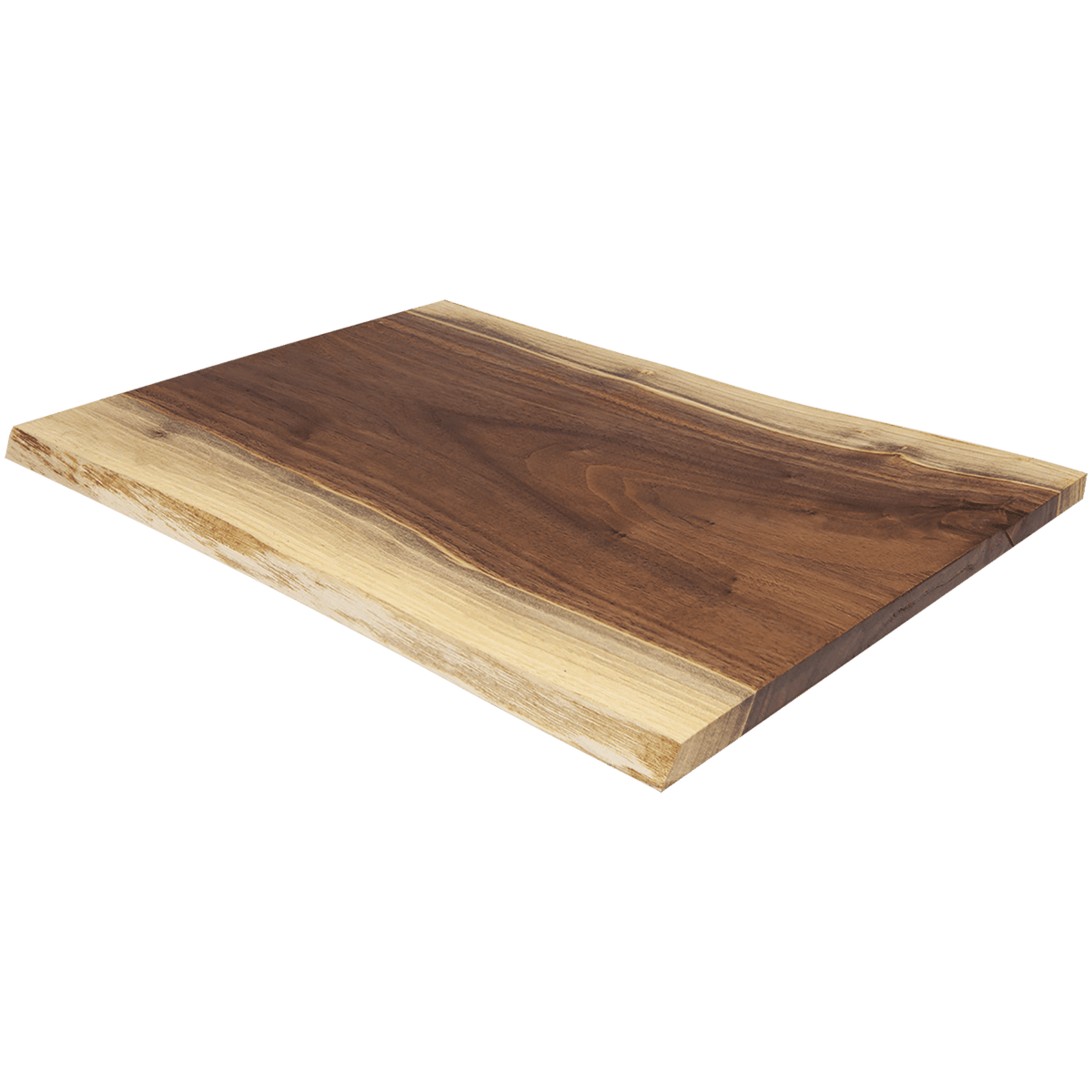 Angled view of the 11 1/2 by 8 3/4 live edge walnut board