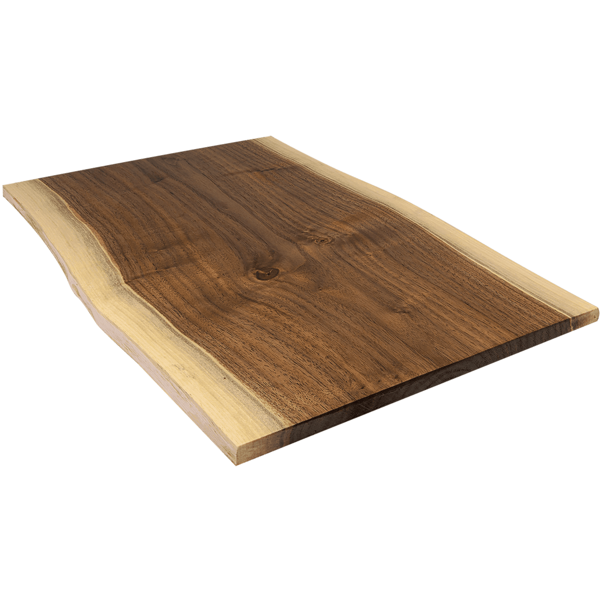 Angled view of the 13 3/4 by 9 3/4 live edge walnut board