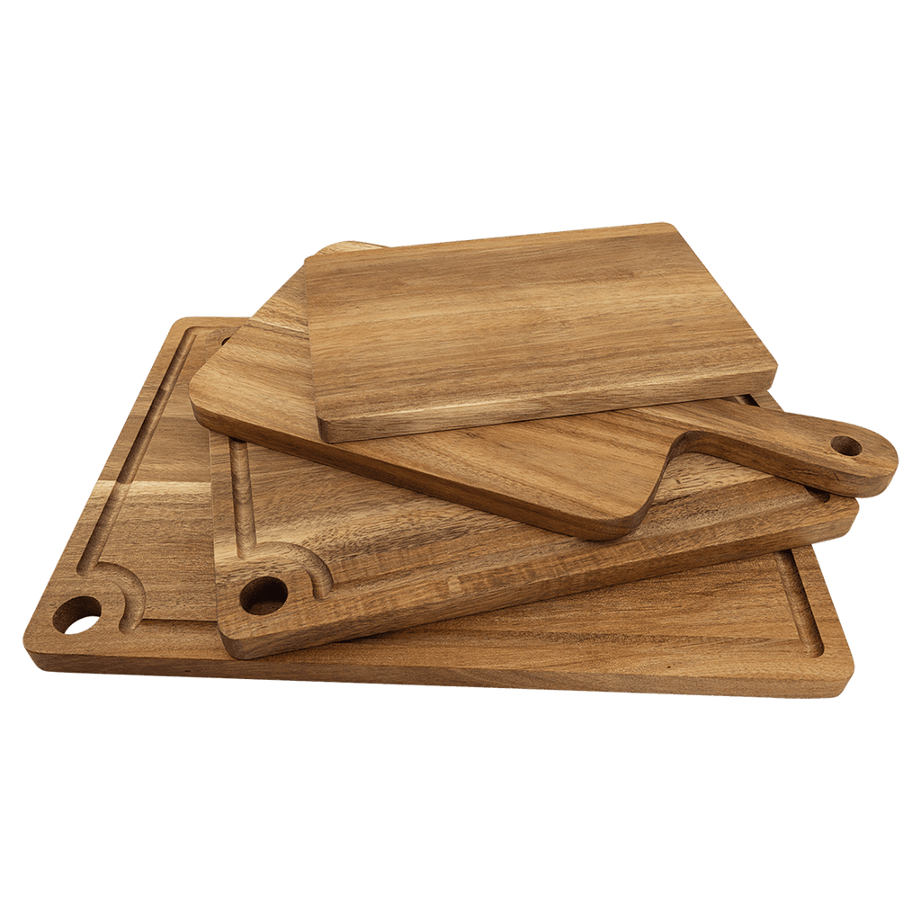 Stack of plain acacia cutting boards in several sizes