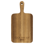 Acacia paddle cutting board engraved with 'Cook Pray Eat'