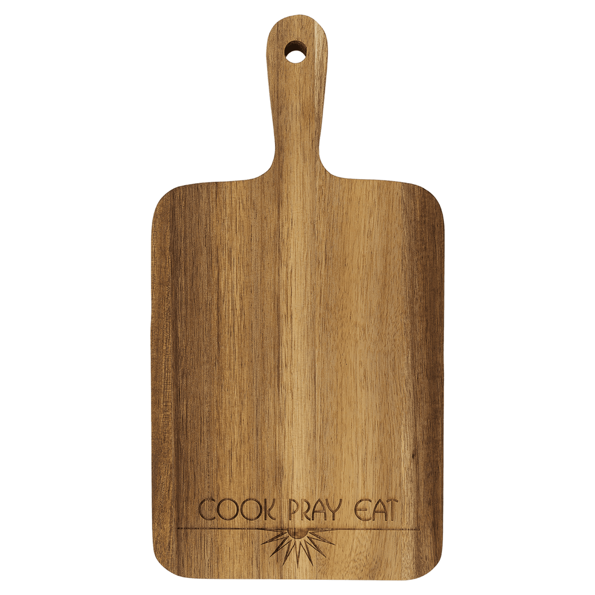 Acacia paddle cutting board engraved with 'Cook Pray Eat'