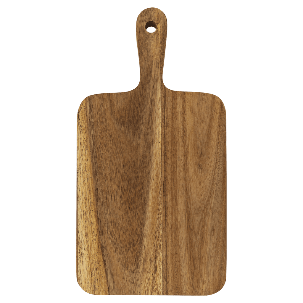 Flat acacia paddle cutting board with handle, 13 1/2 by 7 inches, unengraved
