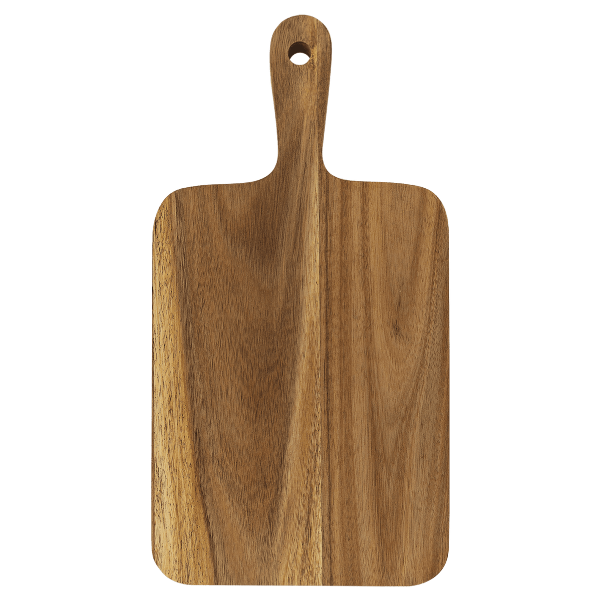 Flat acacia paddle cutting board with handle, 13 1/2 by 7 inches, unengraved