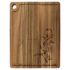 Acacia cutting board with juice groove, engraved with a floral vine and B monogram