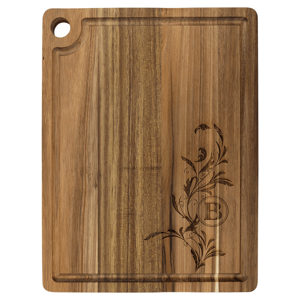Acacia cutting board with juice groove, engraved with a floral vine and B monogram
