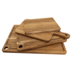 Both sizes of acacia cutting board stacked, showing the juice groove and hang hole