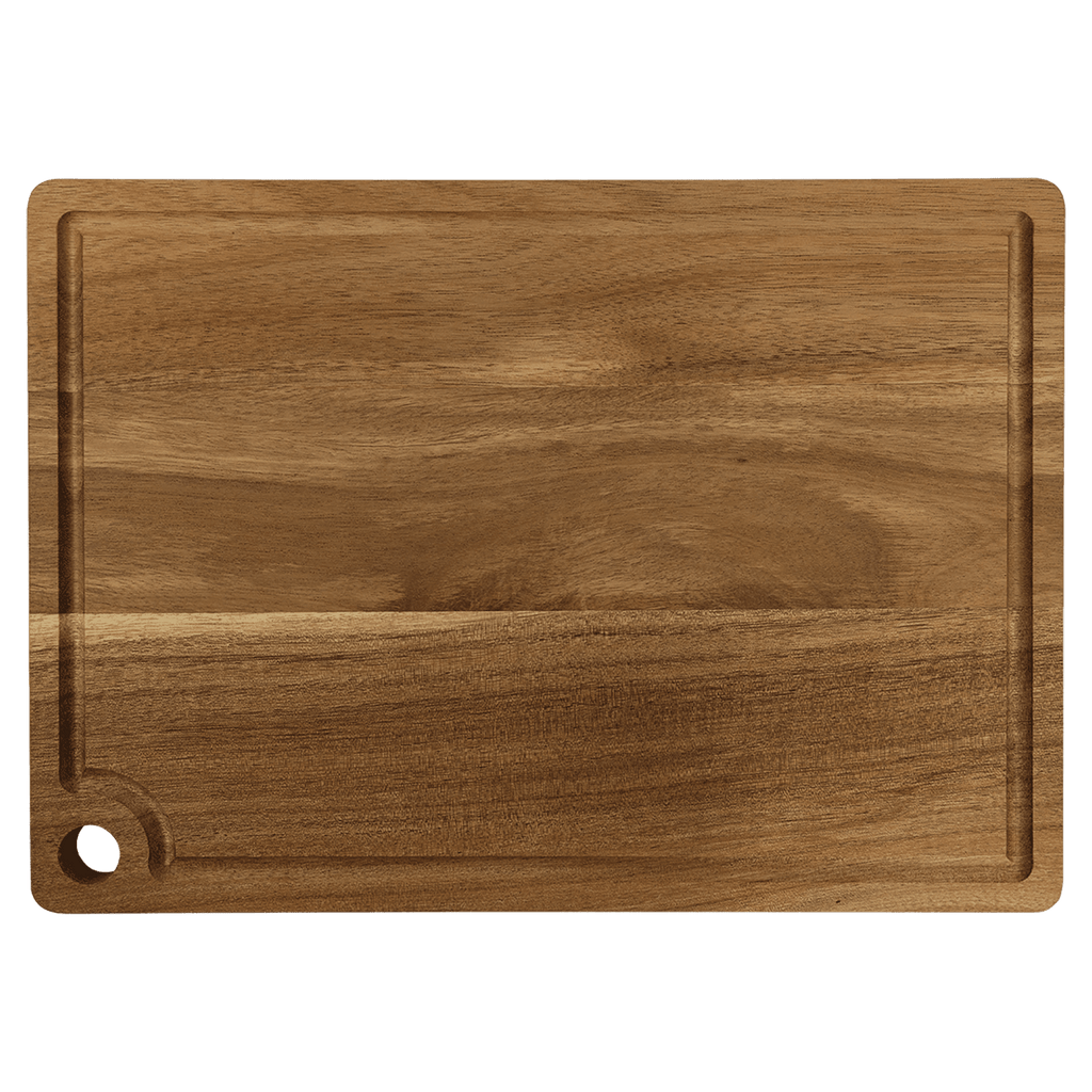 Acacia cutting board with juice groove and corner hang hole, 13 3/4 by 9 3/4 inches, unengraved