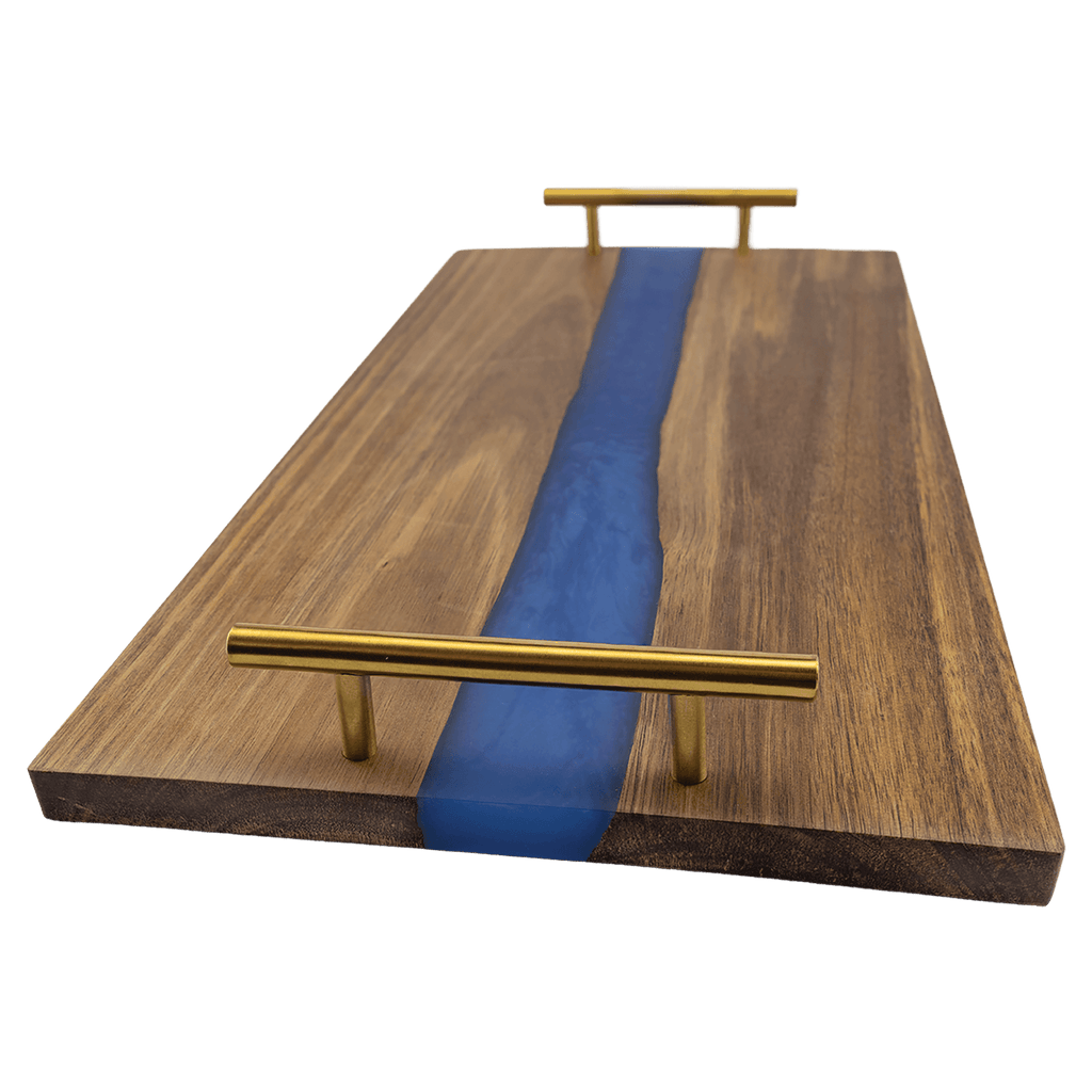 Rectangular acacia serving tray with blue pearl resin river and gold bar handles
