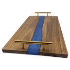 Rectangular acacia serving tray with blue pearl resin river and gold bar handles