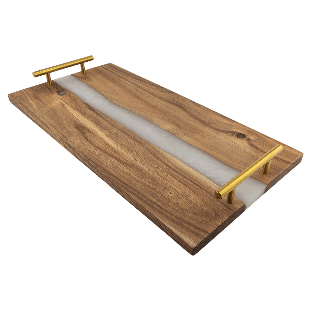 Rectangular acacia serving tray with white pearl resin river and gold bar handles