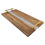 Rectangular acacia serving tray with white pearl resin river and gold bar handles