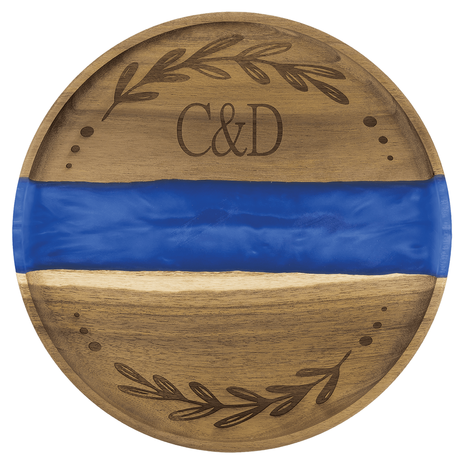 Round acacia serving tray with a blue pearl resin river and engraved monogram and wreath