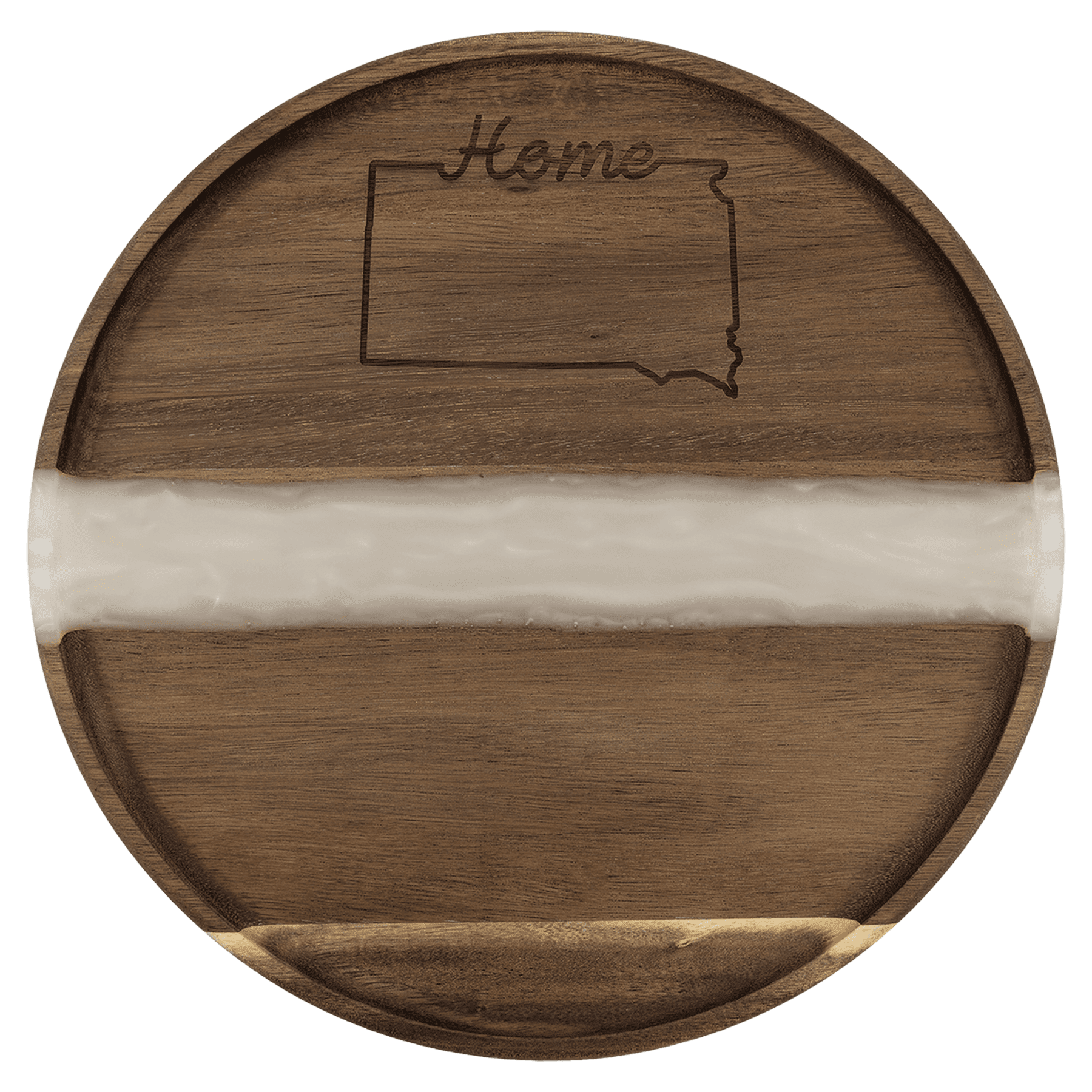 Round acacia serving tray with a white pearl resin river and engraved design on the wood