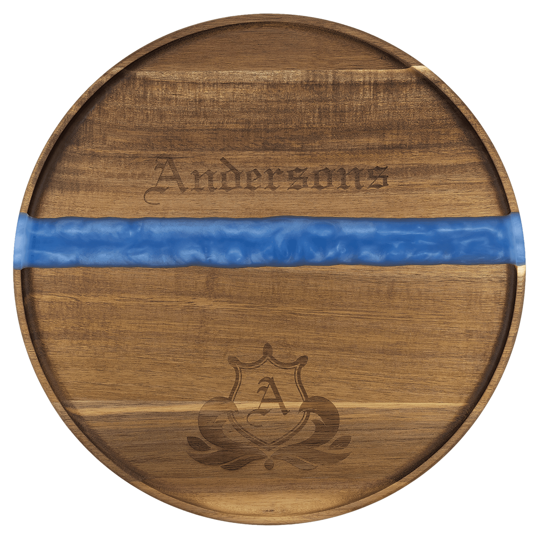 Large round acacia serving tray with blue pearl resin river and engraved family name and crest