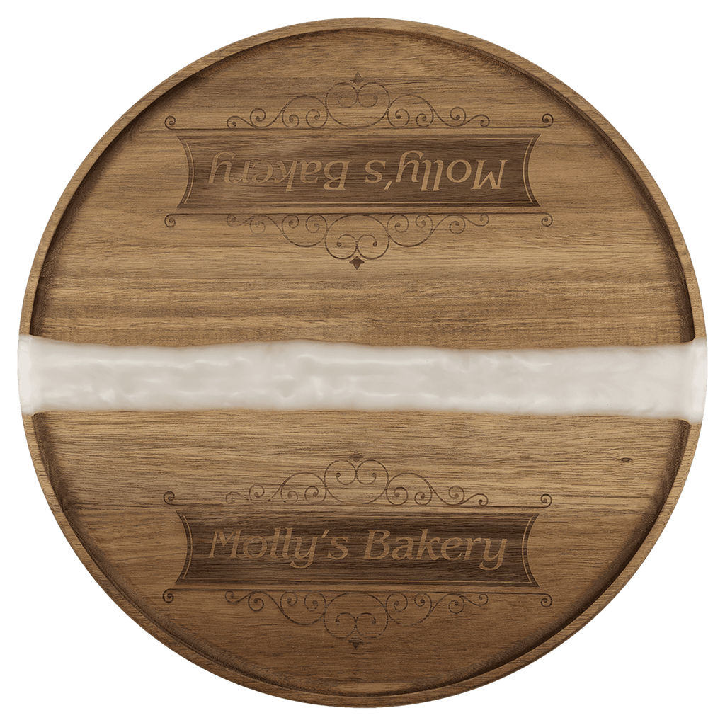 Large round acacia serving tray with white pearl resin river and engraved business name