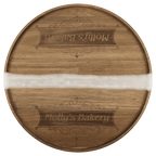 Large round acacia serving tray with white pearl resin river and engraved business name