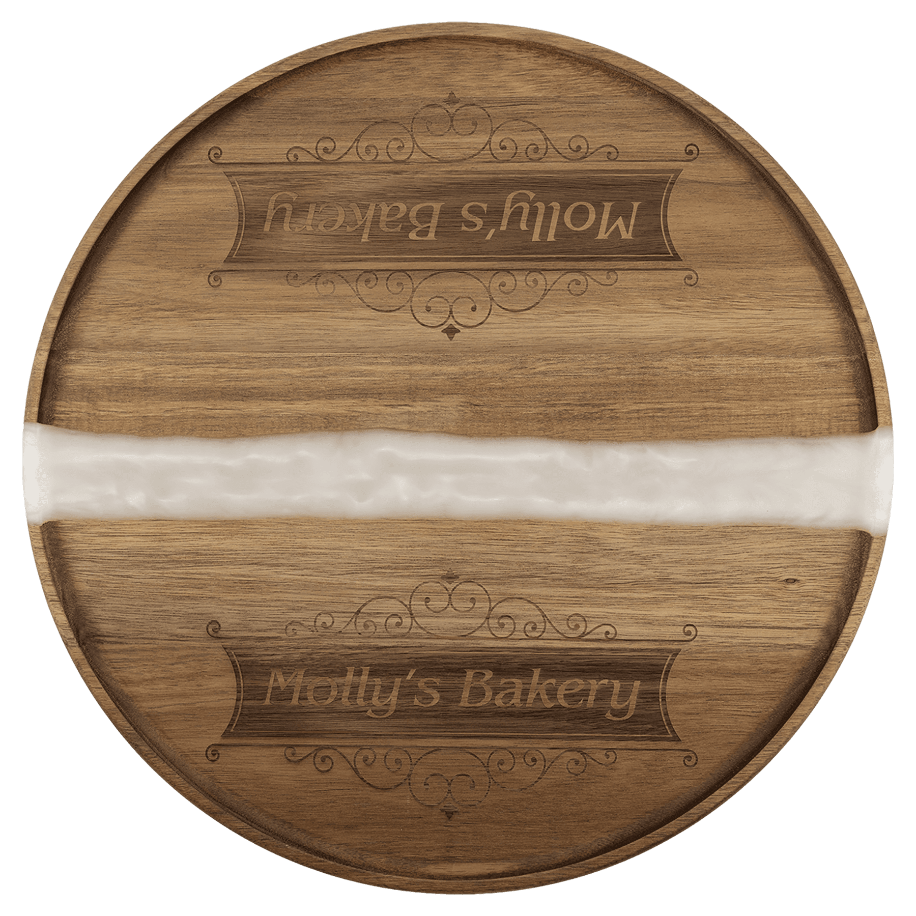 Large round acacia serving tray with white pearl resin river and engraved business name