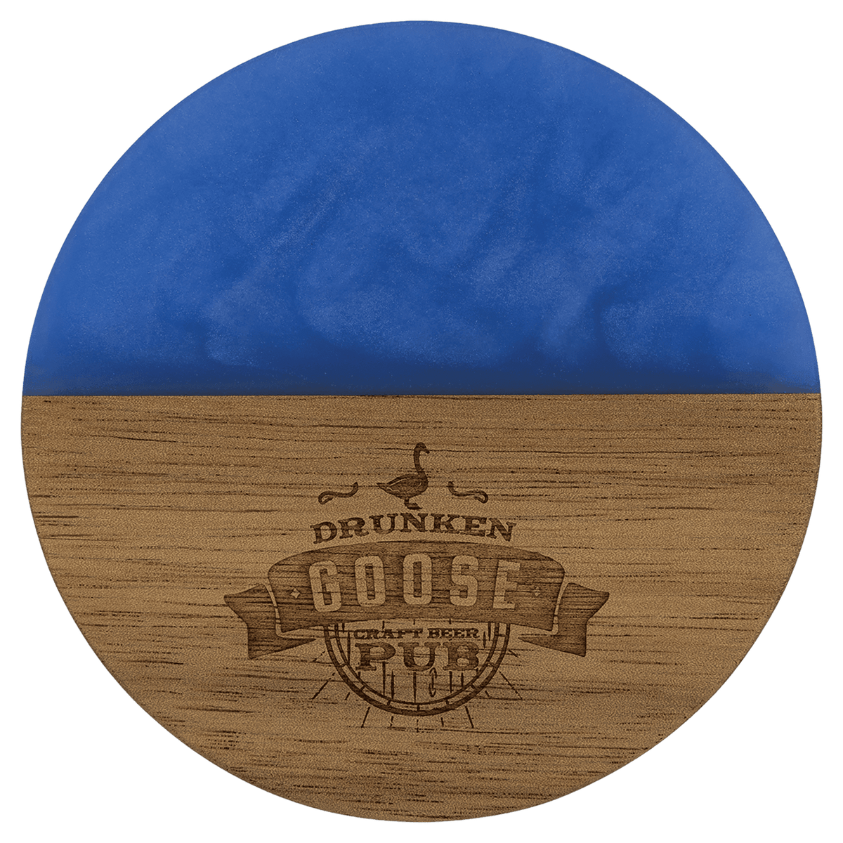Round acacia wood coaster with blue pearl resin inlay