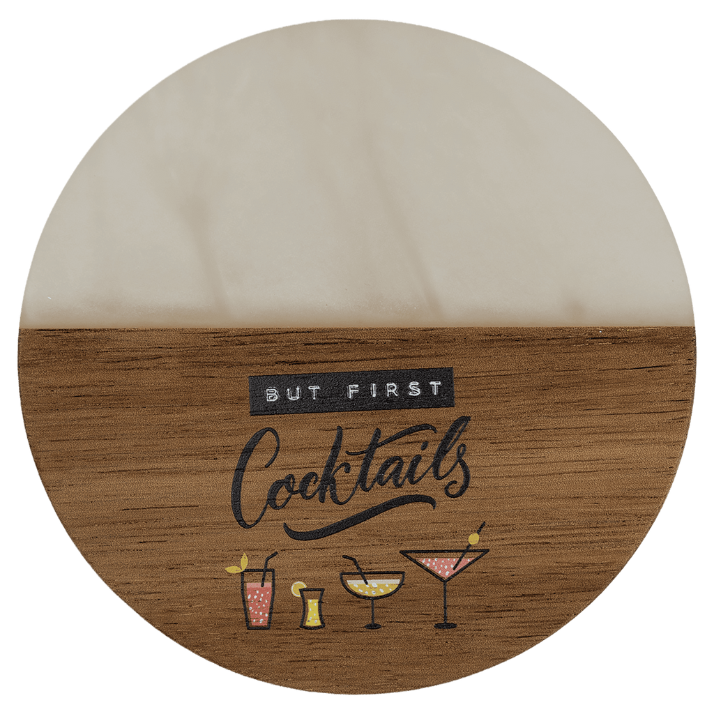 Round acacia wood coaster with white pearl resin inlay