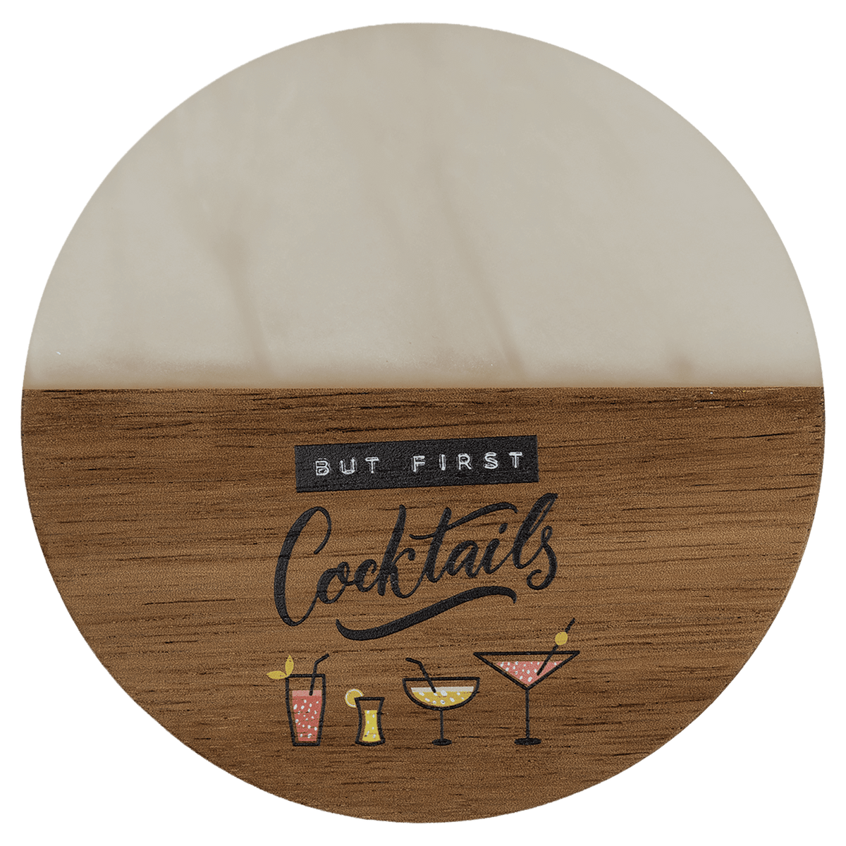 Round acacia wood coaster with white pearl resin inlay