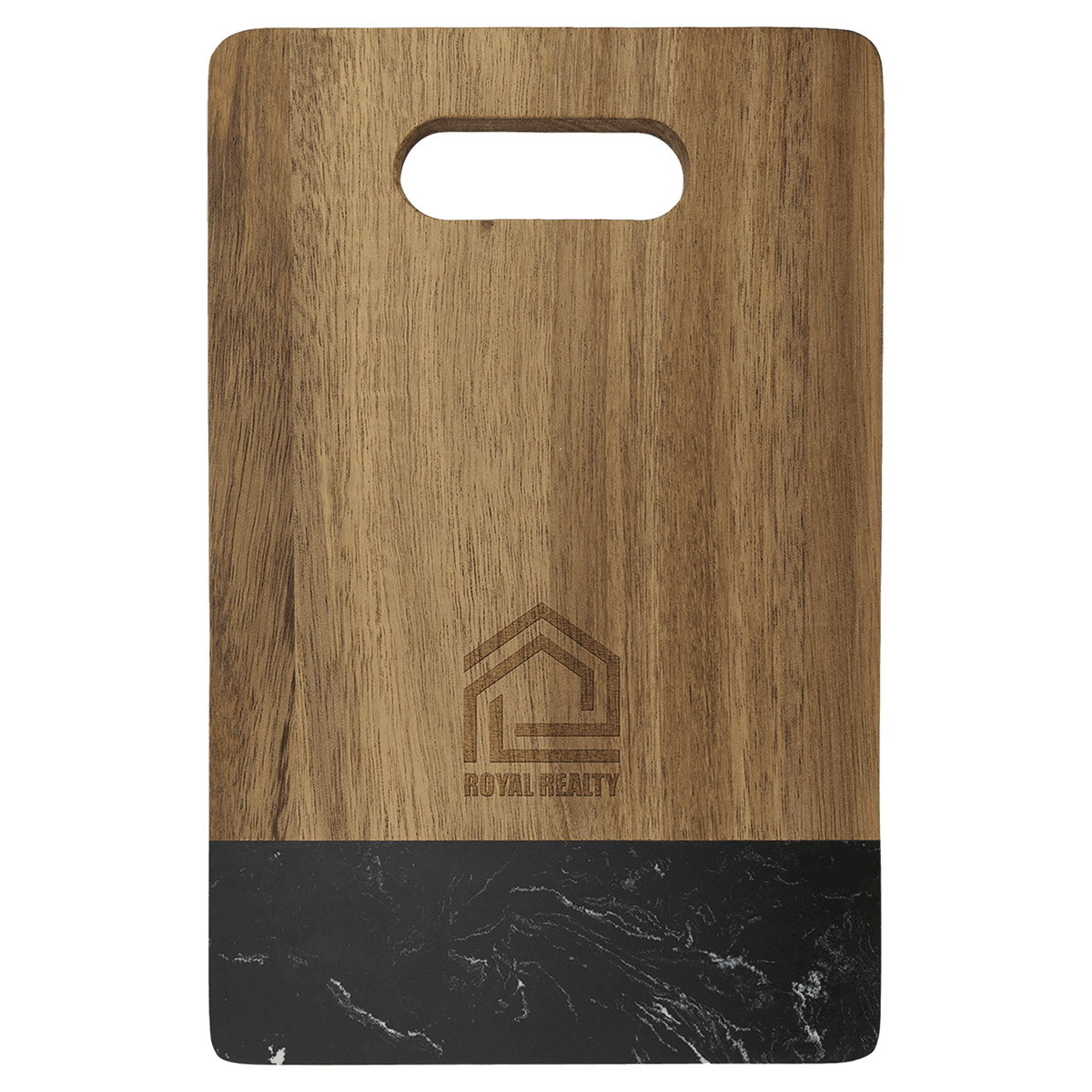 Small acacia cutting board with black marble band and cut-out handle, engraved on the wood