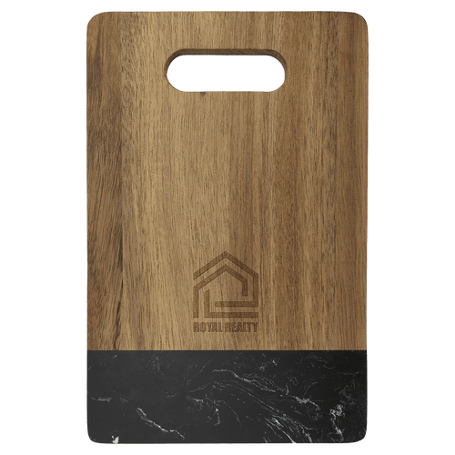 Small acacia cutting board with black marble band and cut-out handle, engraved on the wood