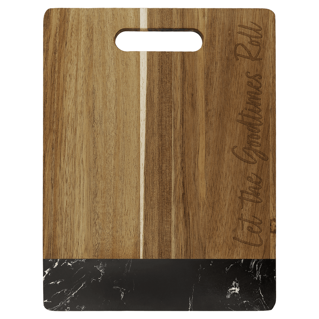 Medium acacia cutting board with black marble band, engraved on the wood