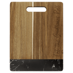 Medium acacia cutting board with black marble band, engraved on the wood