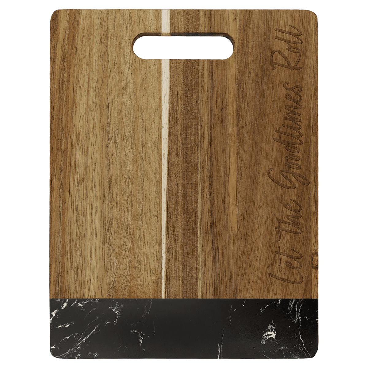 Medium acacia cutting board with black marble band, engraved on the wood