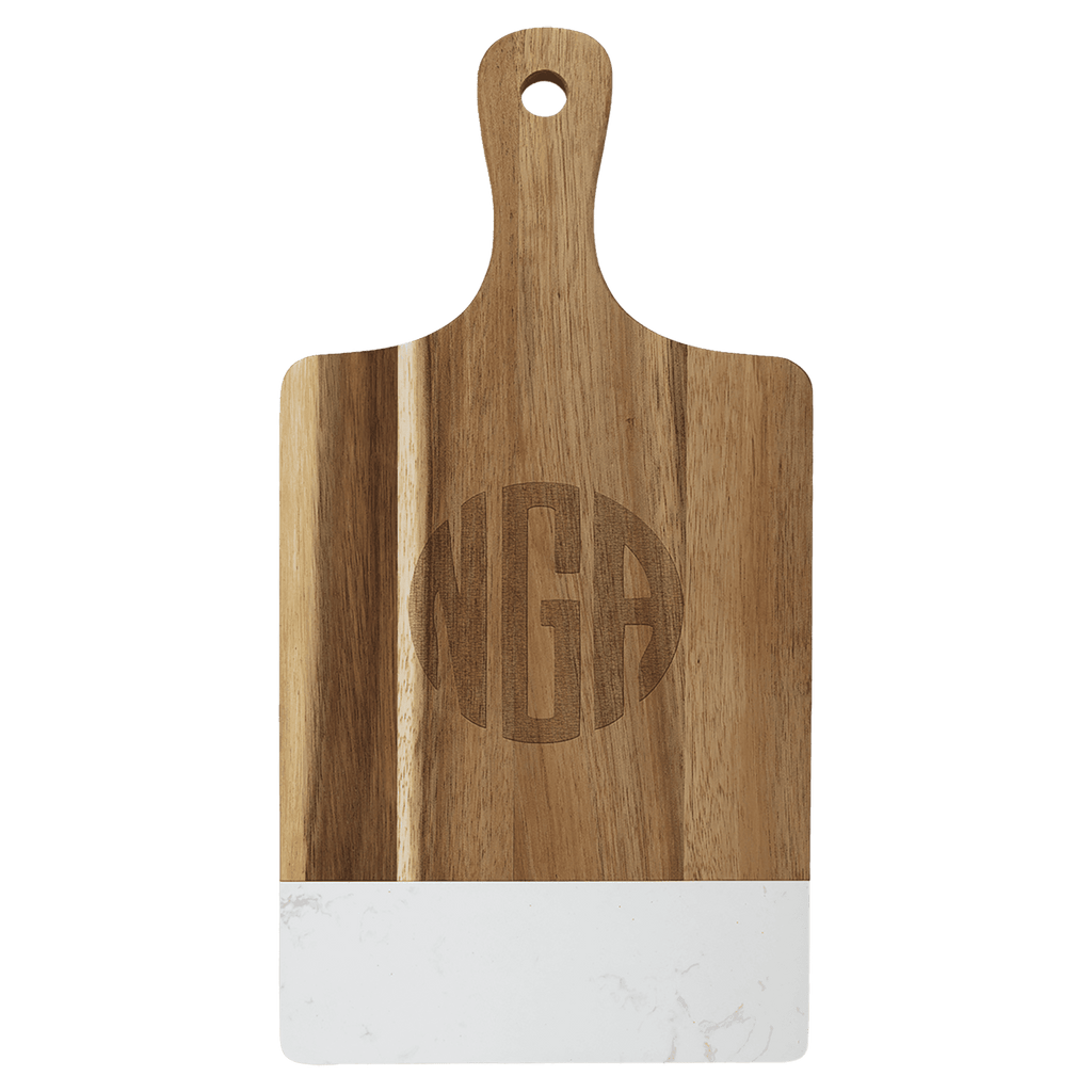 Paddle shaped acacia board with white marble band and engraved monogram