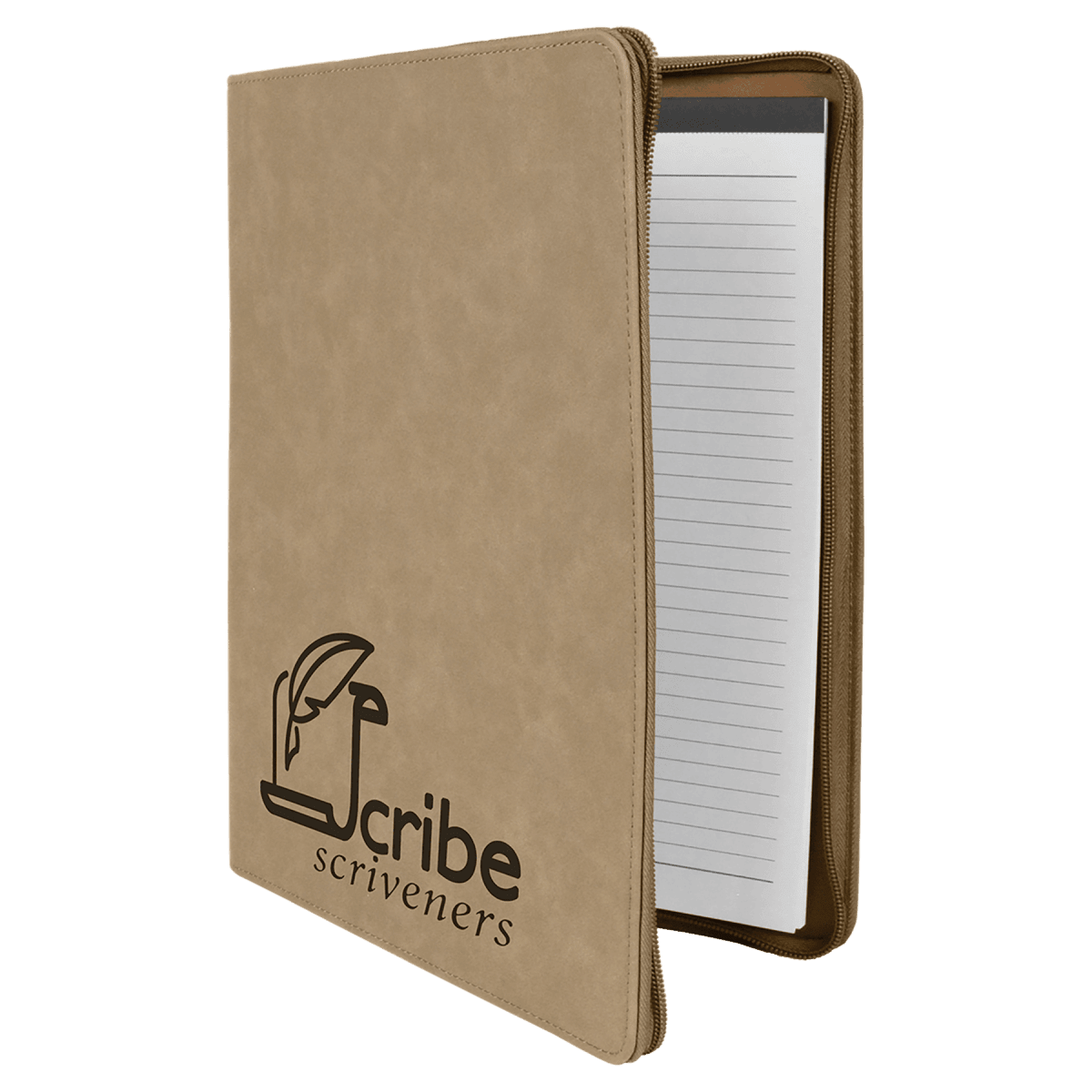 Light Brown leatherette portfolio with zipper and notepad