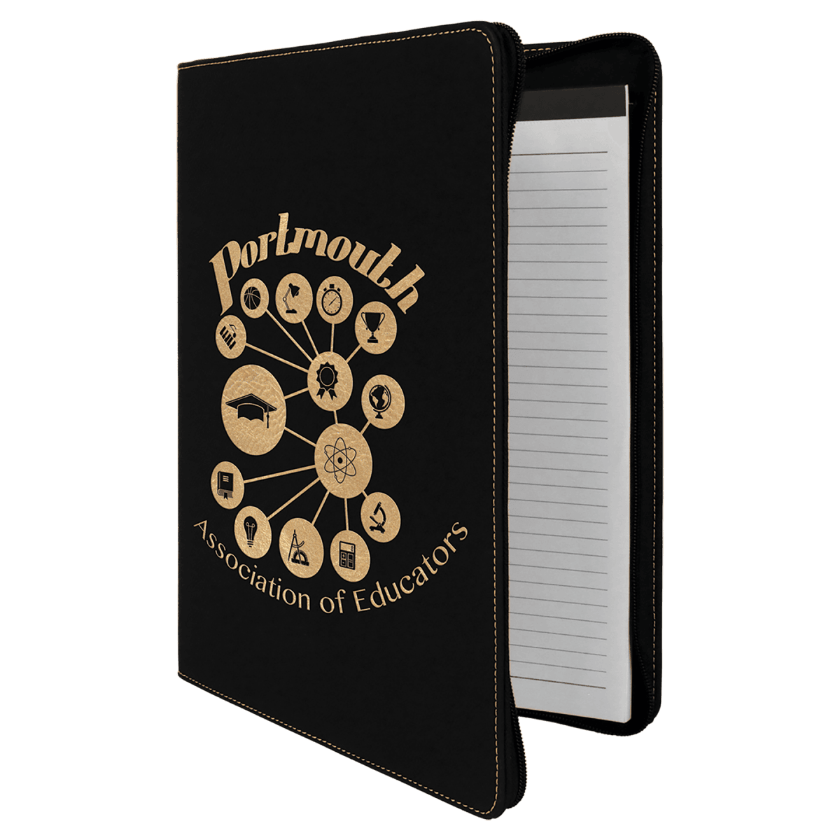 Black/Gold leatherette portfolio with zipper and notepad
