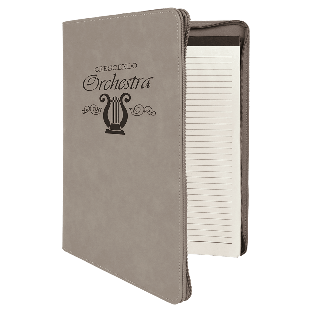 Gray leatherette portfolio with zipper and notepad