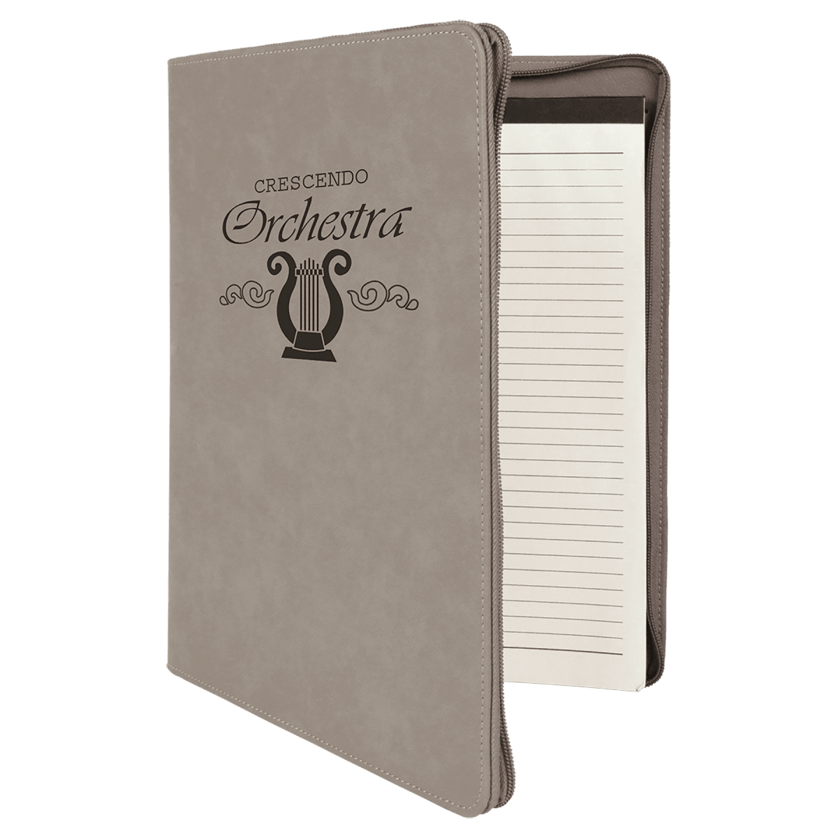 Gray leatherette portfolio with zipper and notepad