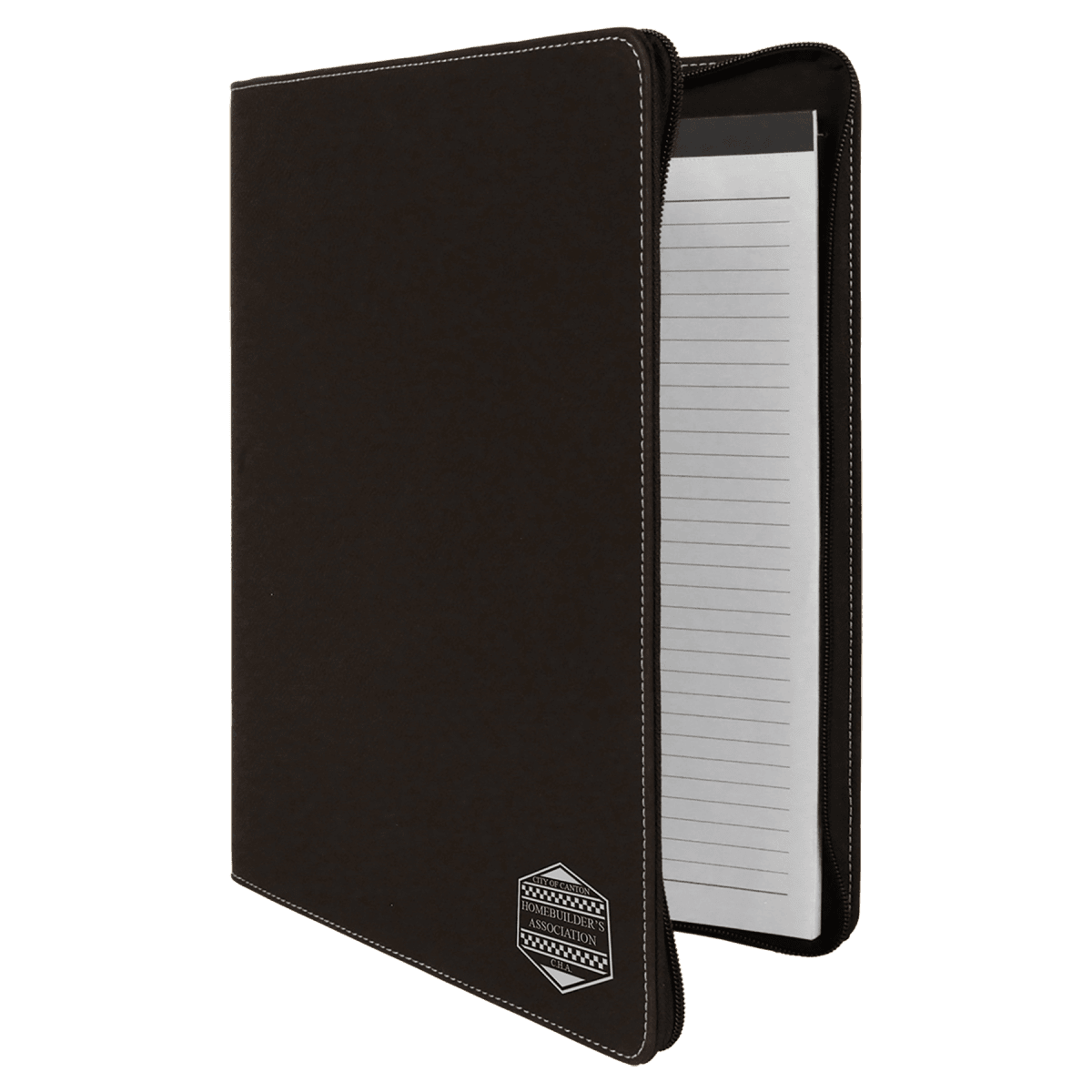 Black/Silver leatherette portfolio with zipper and notepad