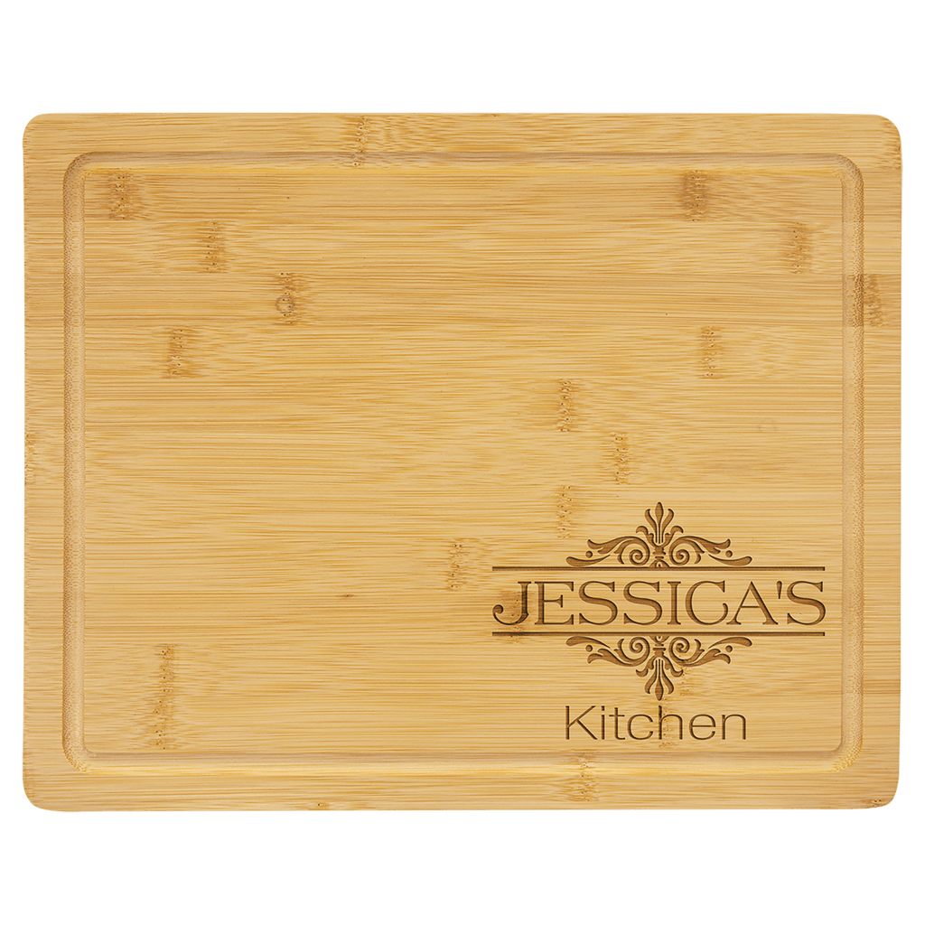 Bamboo cutting board with juice groove engraved with 'Jessica's Kitchen'