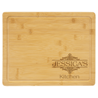 Bamboo cutting board with juice groove engraved with 'Jessica's Kitchen'