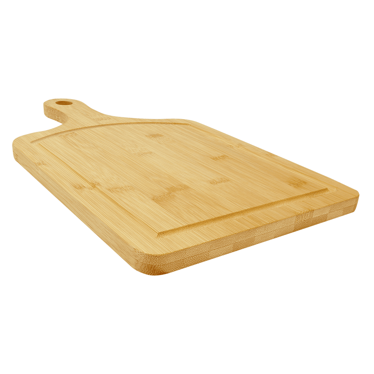 Angled view of a bamboo paddle board showing the depth of the juice groove
