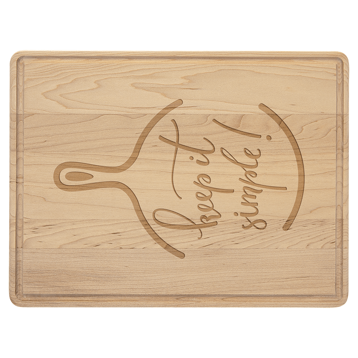 Maple cutting board engraved with 'keep it simple' and a spatula and skillet design
