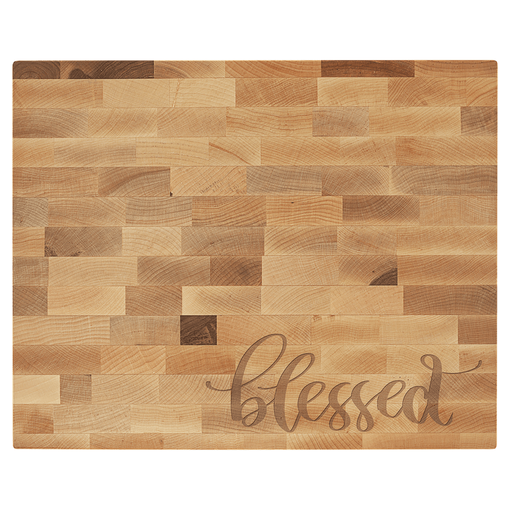 Maple butcher block engraved with 'blessed' in script