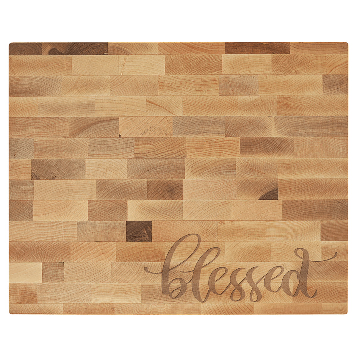 Maple butcher block engraved with 'blessed' in script
