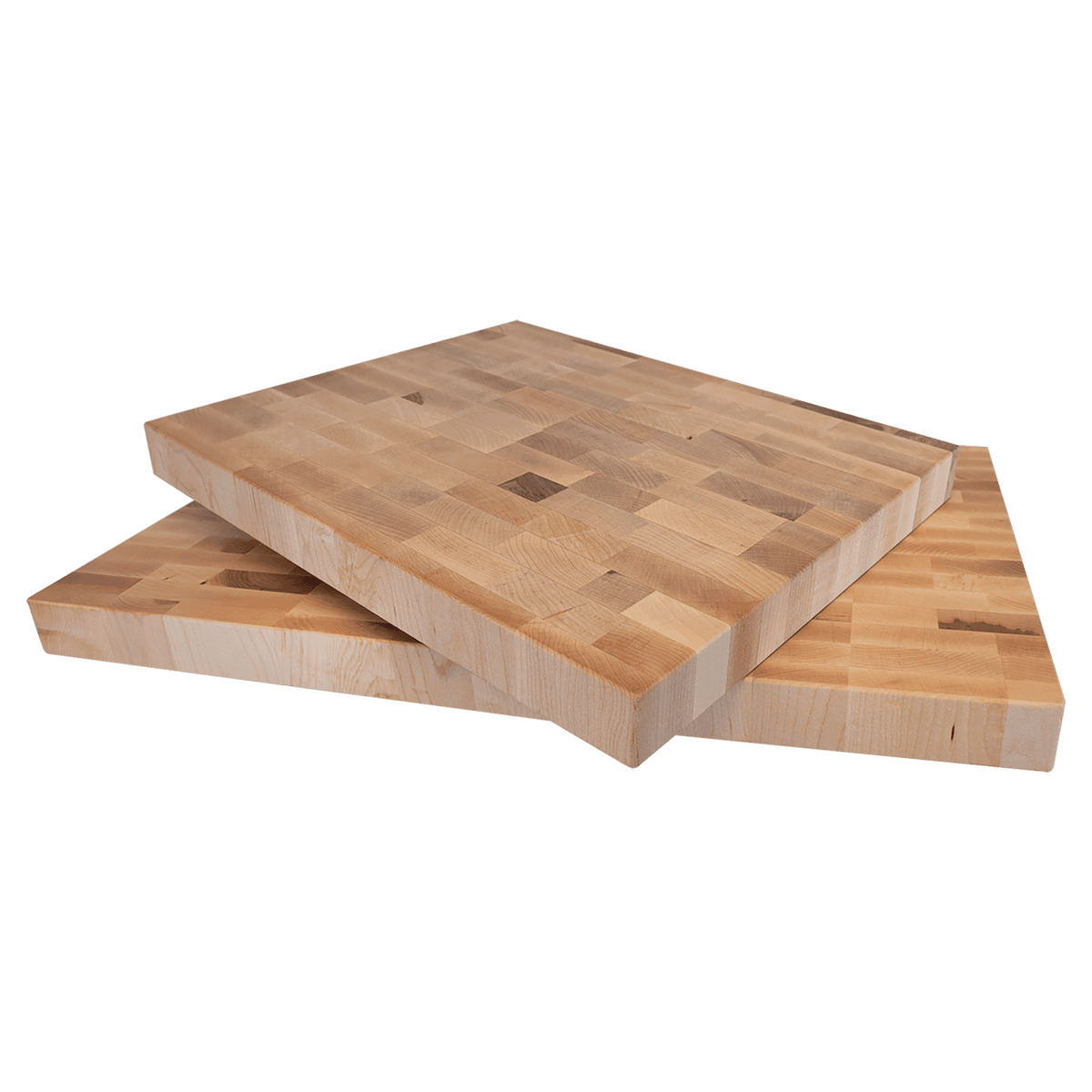 Two maple butcher block cutting boards stacked, showing the 1 1/2 inch thickness