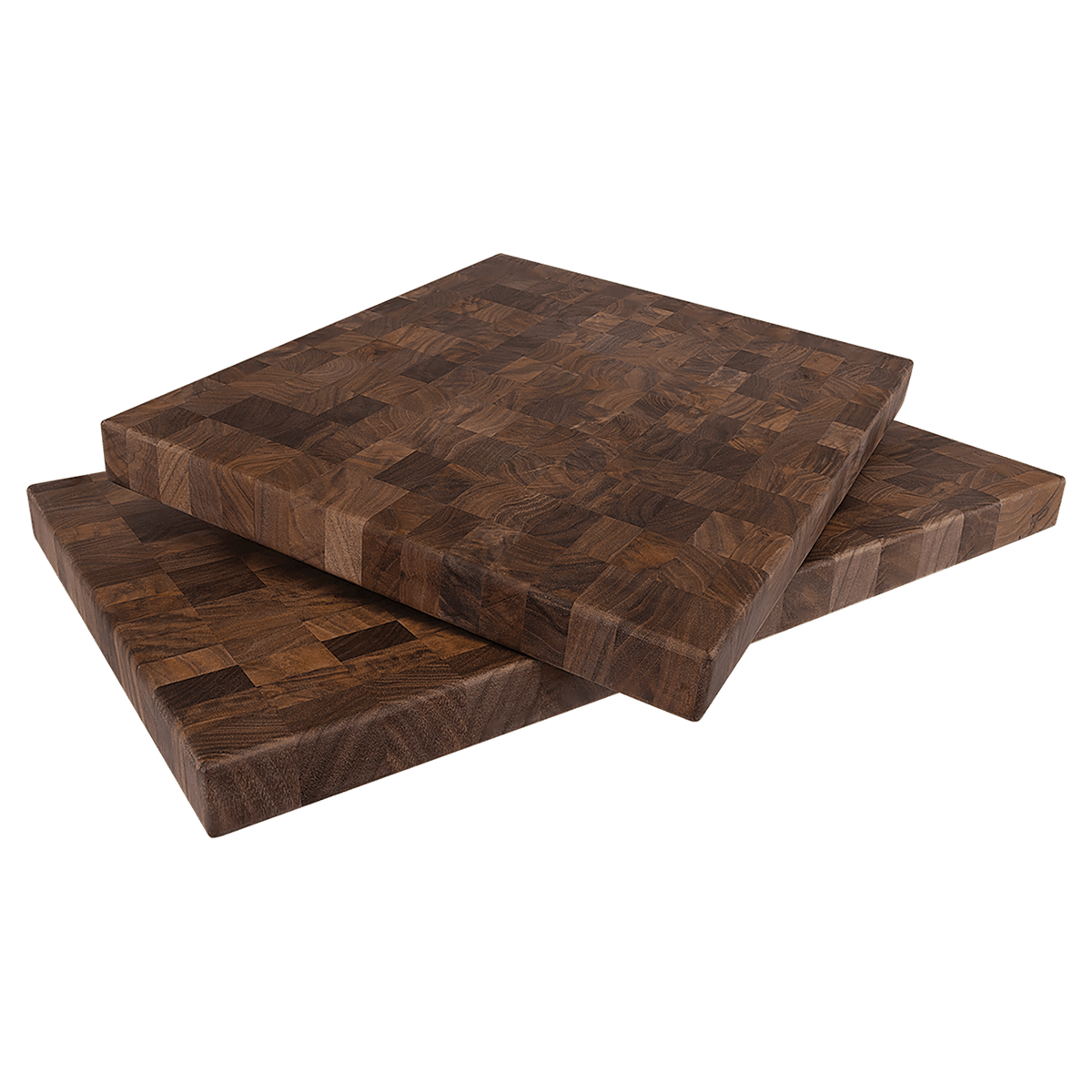 Two walnut butcher block cutting boards stacked, showing the thickness