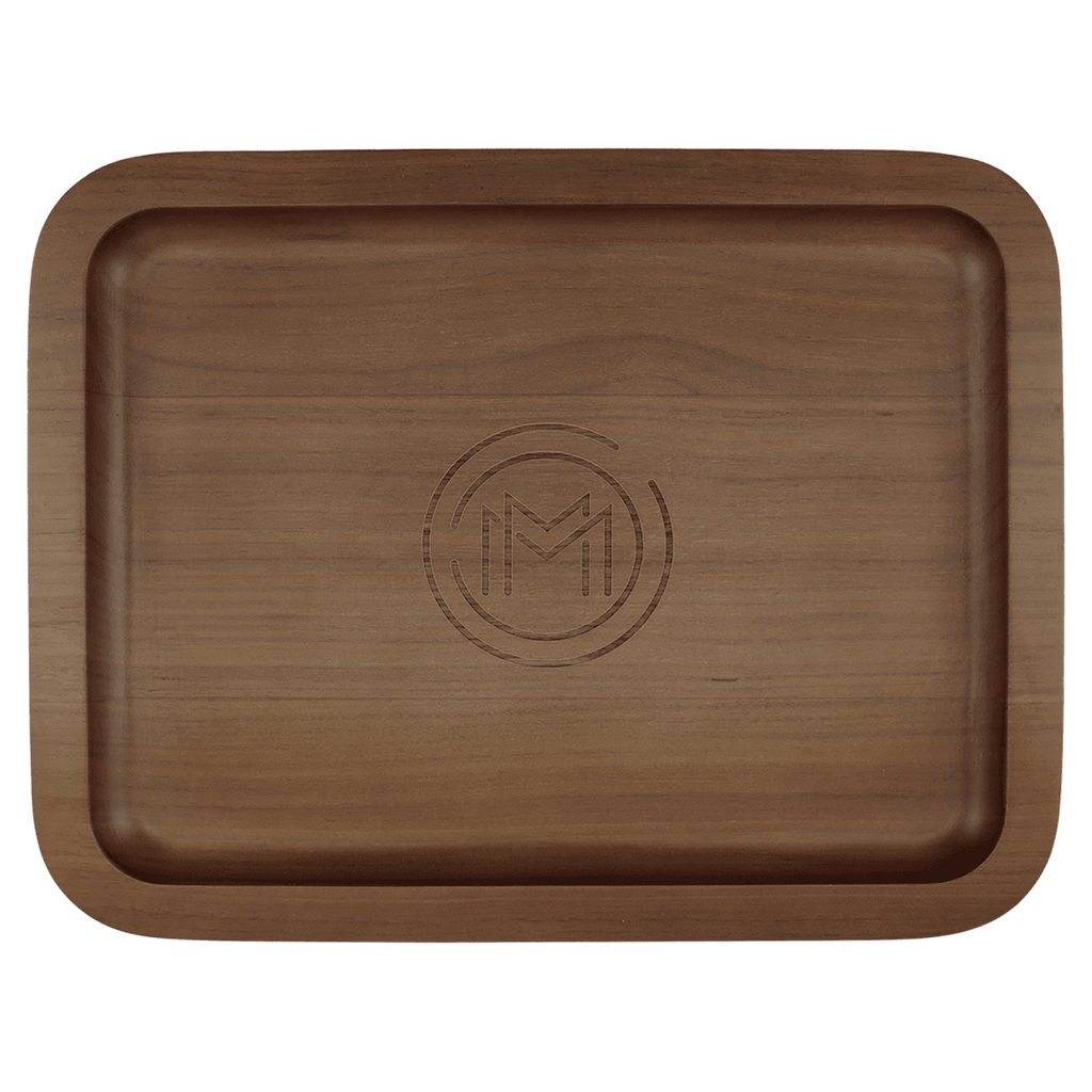 Walnut tray engraved with a circle M monogram in the recessed center