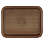 Walnut tray engraved with a circle M monogram in the recessed center