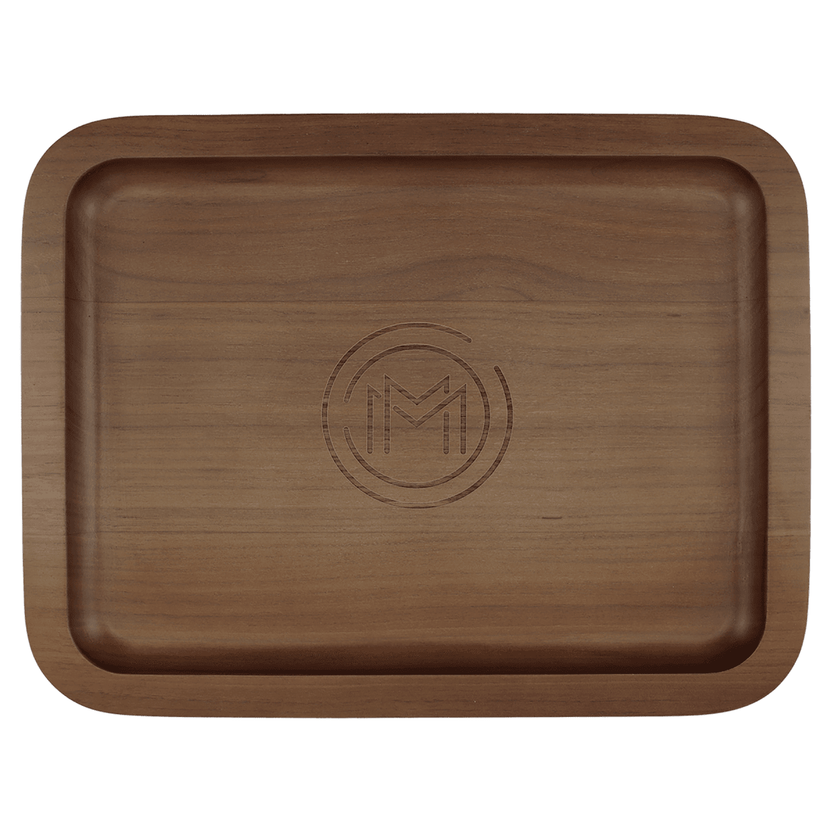 Walnut tray engraved with a circle M monogram in the recessed center