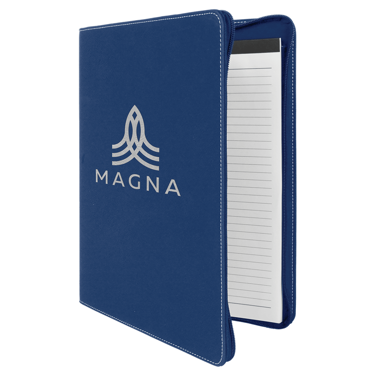 Blue/Silver leatherette portfolio with zipper and notepad