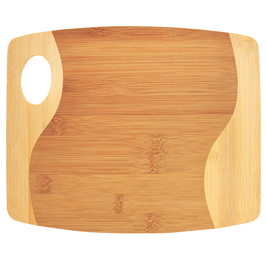 Two-tone bamboo cutting board with handle, 11 by 9 inches, unengraved