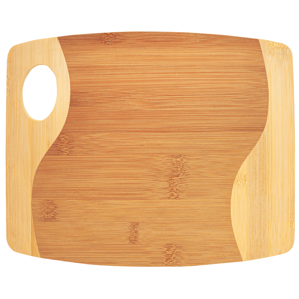 Two-tone bamboo cutting board with handle, 13 3/4 by 11 inches, unengraved